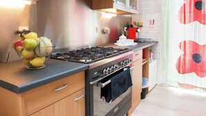 A modern kitchen with a gas stove, oven, and a fruit bowl on the counter. - Beautiful Apartment in Spa Belgium with Hot Tub (Spa)