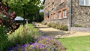 A stone building with multiple windows and a gravel pathway leading to a grassy area with purple flowers. - Holiday Home in Cetturu With Sauna (Houffalize)