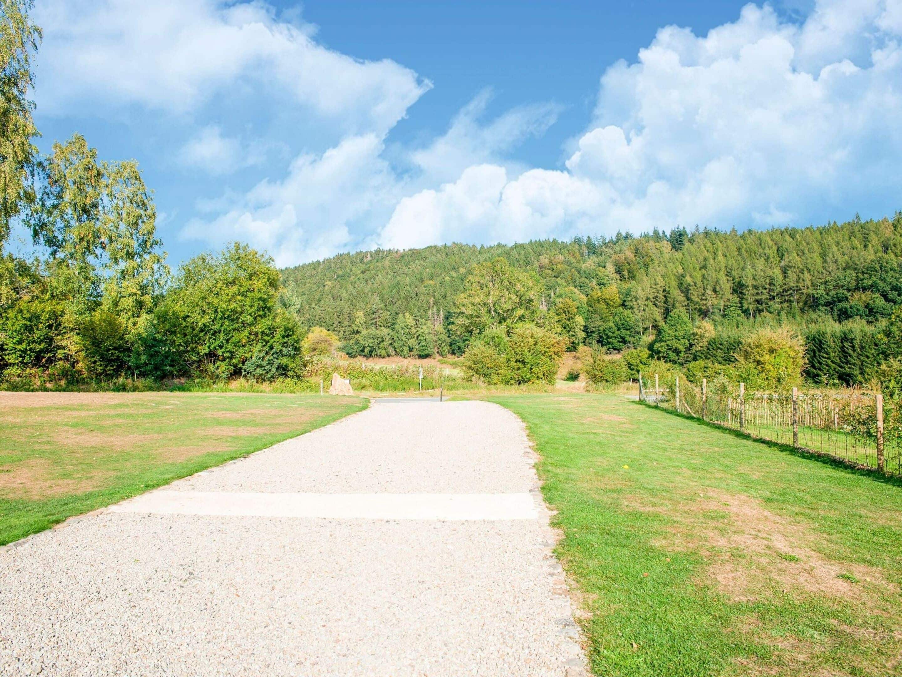 A gravel path leading to a forested area with a clear sky.