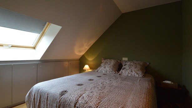 A bedroom with a skylight, a bed with patterned bedding, and a nightstand.