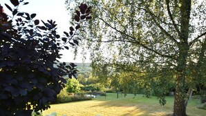 A garden with a variety of plants and trees, a grassy area, and a small body of water. - Cozy Villa in Vielsalm With Private Garden (Vielsalm)