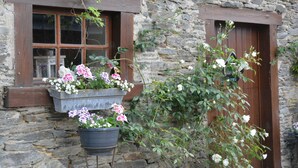 A stone building with a window and a door, two flower pots on the ground, and a plant with white flowers. - Holiday Home in Bievre Near Town Center (Bievre)