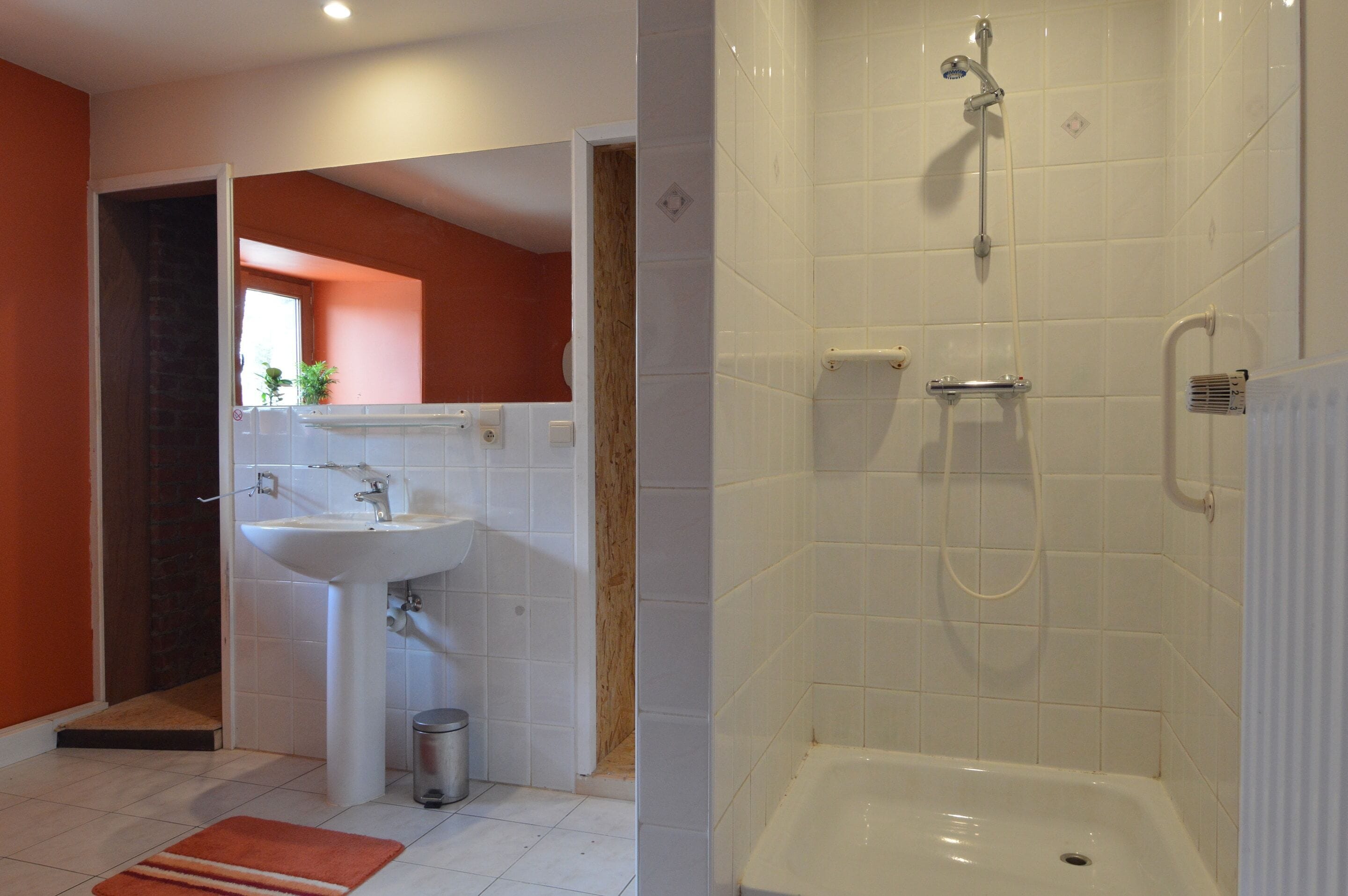 A bathroom with a sink, shower, and a small step leading to a dark room.