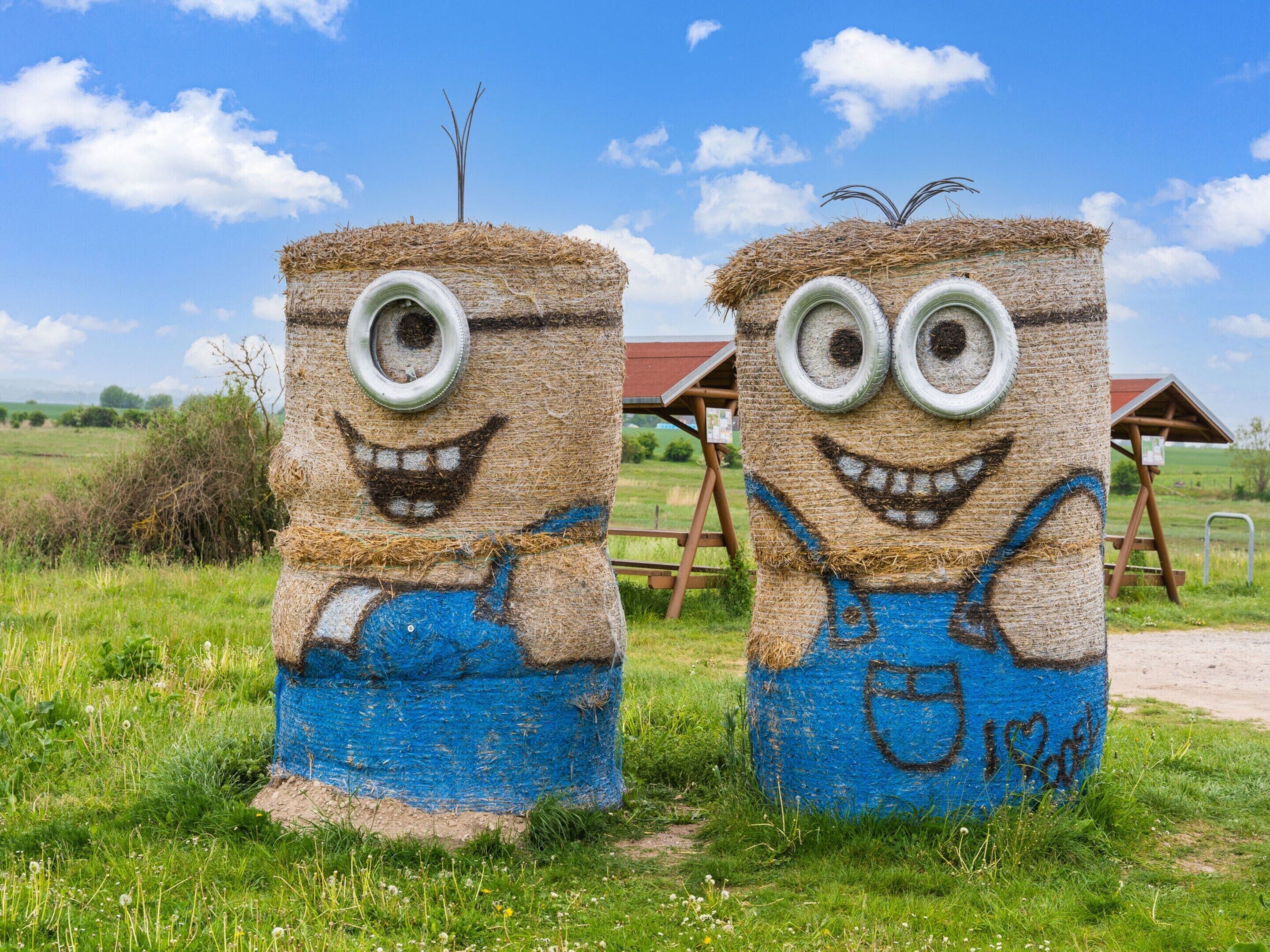 Dos estructuras cilíndricas con rostros y ojos pintados, parecidas a personajes, en un campo cubierto de hierba bajo un cielo despejado.