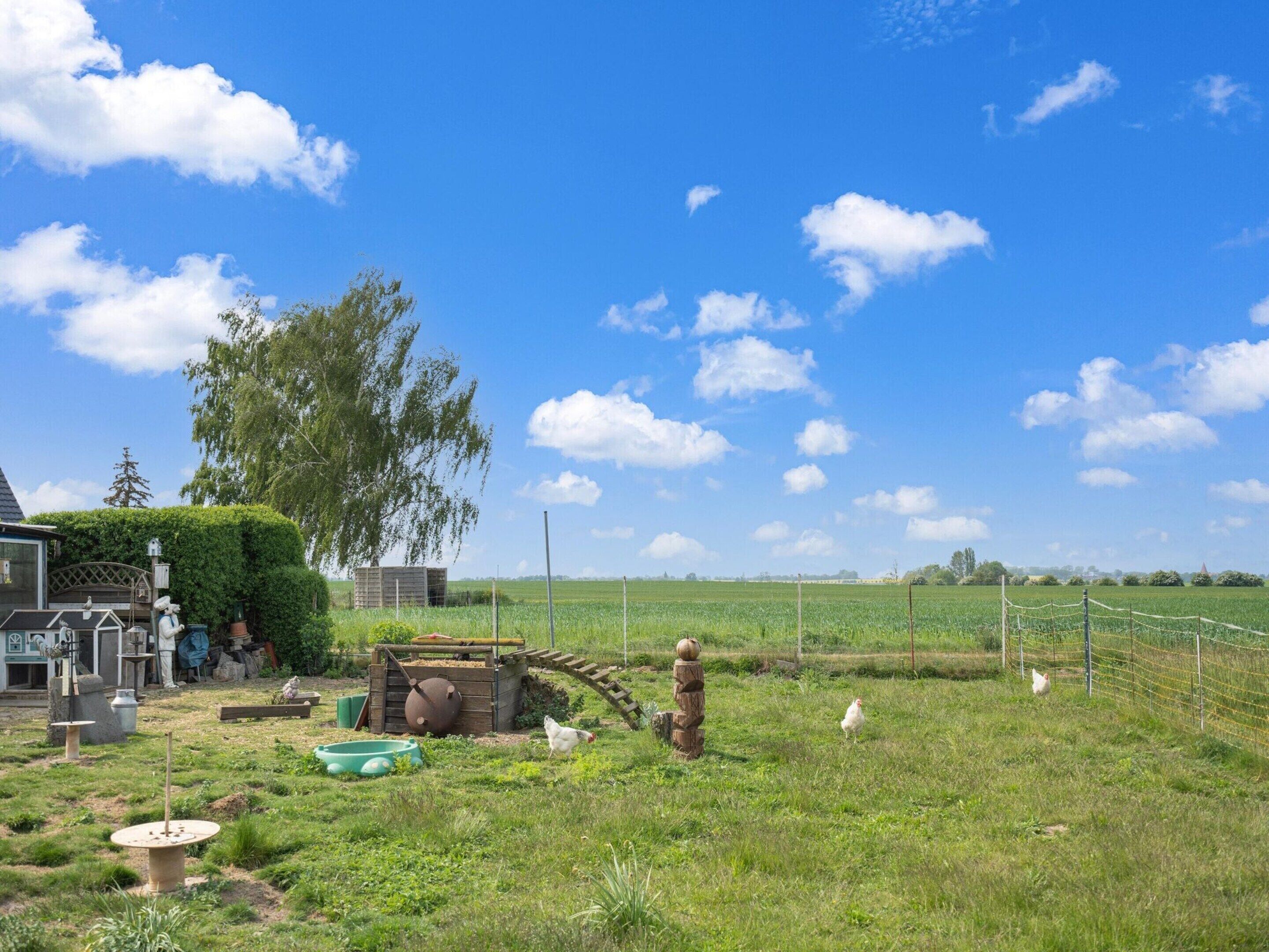 A rural farm with a green field, a wooden structure, and a fenced area.