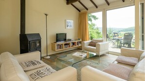 A living room with a fireplace, a glass coffee table, and a sofa with decorative pillows. There is a bookshelf with books and a television. - Great Spacious Holiday Home in a Tranquil Holiday (Stavelot)