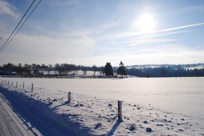 Paesaggio innevato con una recinzione e alberi in lontananza sotto un cielo sereno.