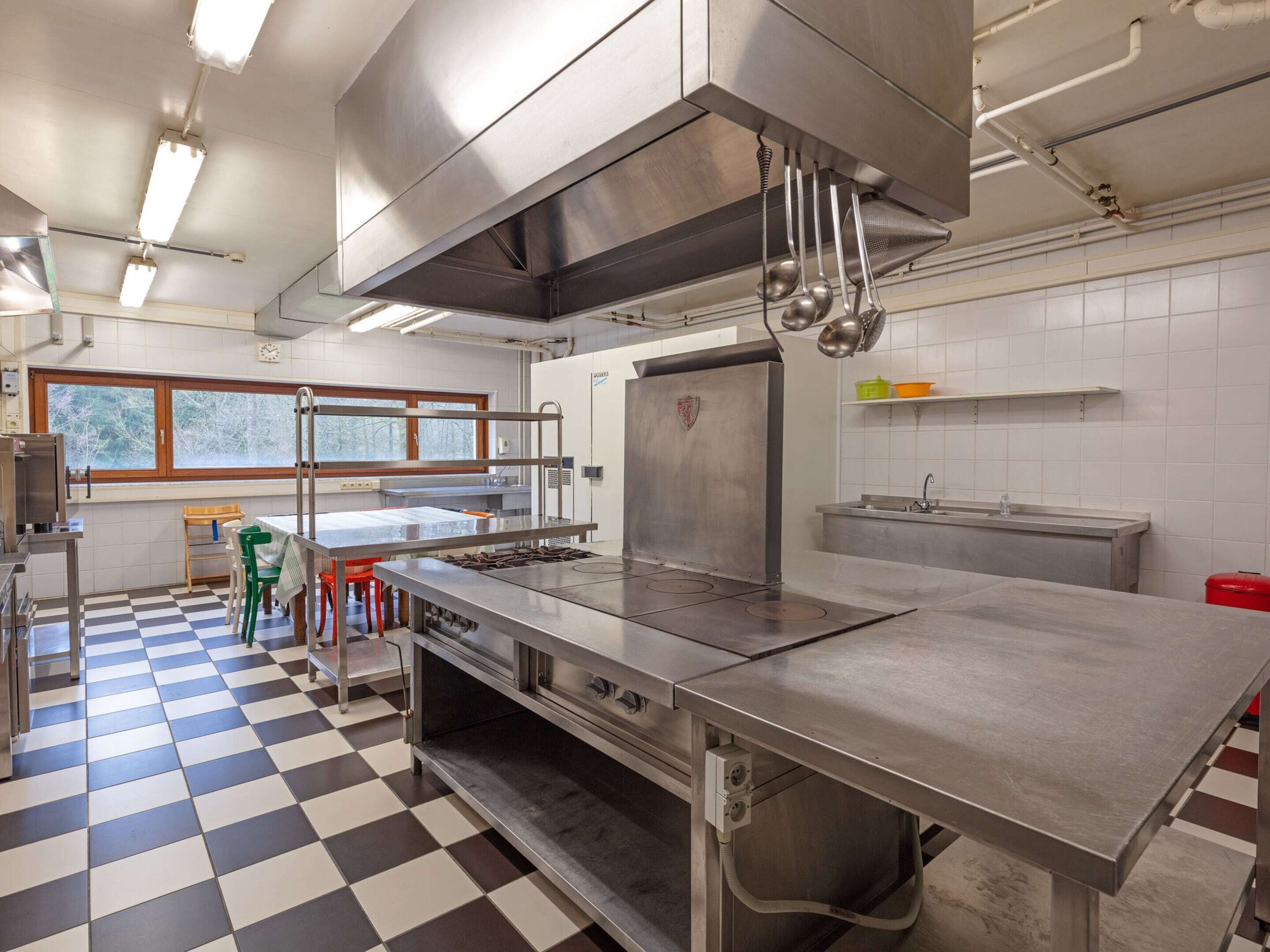 A commercial kitchen with stainless steel appliances, a checkered floor, and a window with a view of trees.