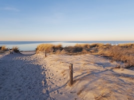 A sandy beach with dunes and a wooden fence.