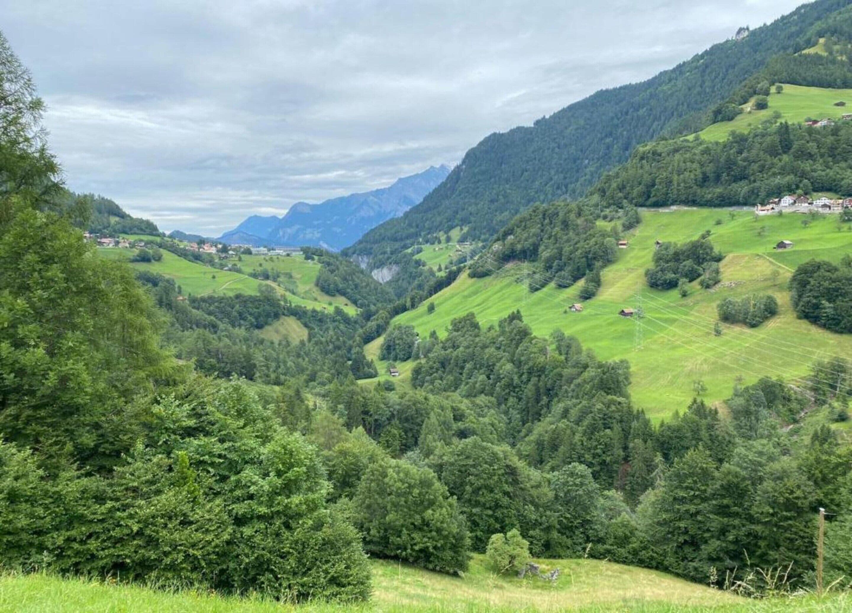 Un paysage montagneux, avec des champs verdoyants et des maisons éparpillées.