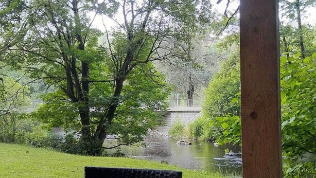 Ein Blick auf einen Fluss mit einer Brücke, umgeben von üppigem Grün und Bäumen.