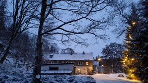 Schneebedeckte Landschaft mit einem Haus, einer Bank und einem Weihnachtsbaum mit Lichtern.