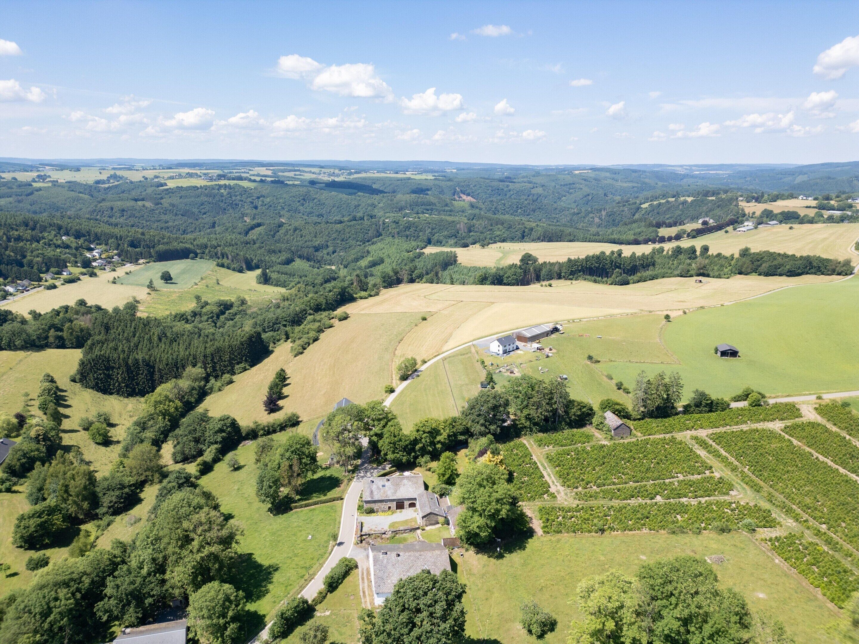 Vue aérienne d’un paysage rural avec des champs, une ferme et un vignoble.