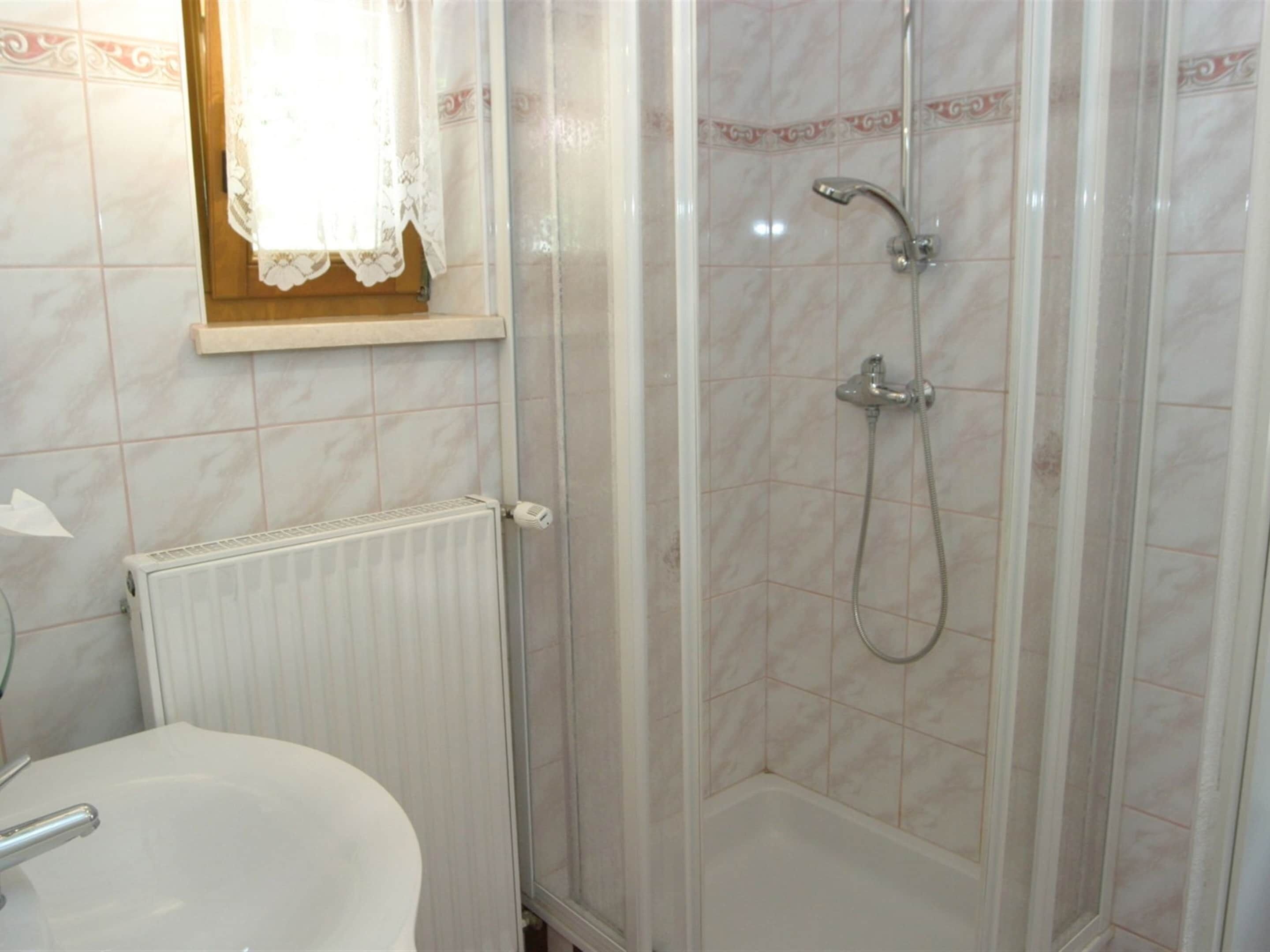 A bathroom with a shower, a toilet, and a radiator.
