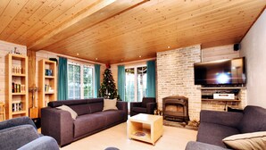 Un salon chaleureux avec une cheminée, un téléviseur et un sapin de Noël.