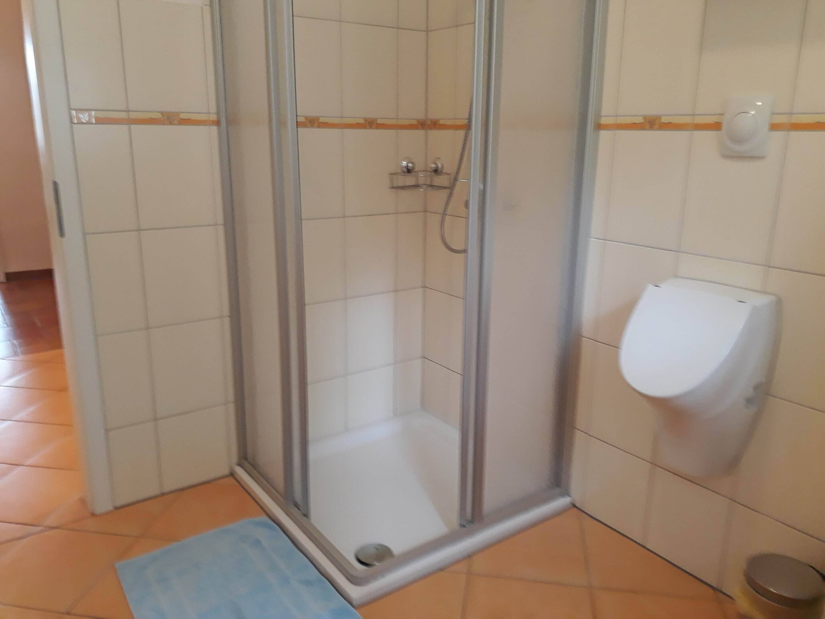 A shower with glass doors, a toilet, and a small trash bin.