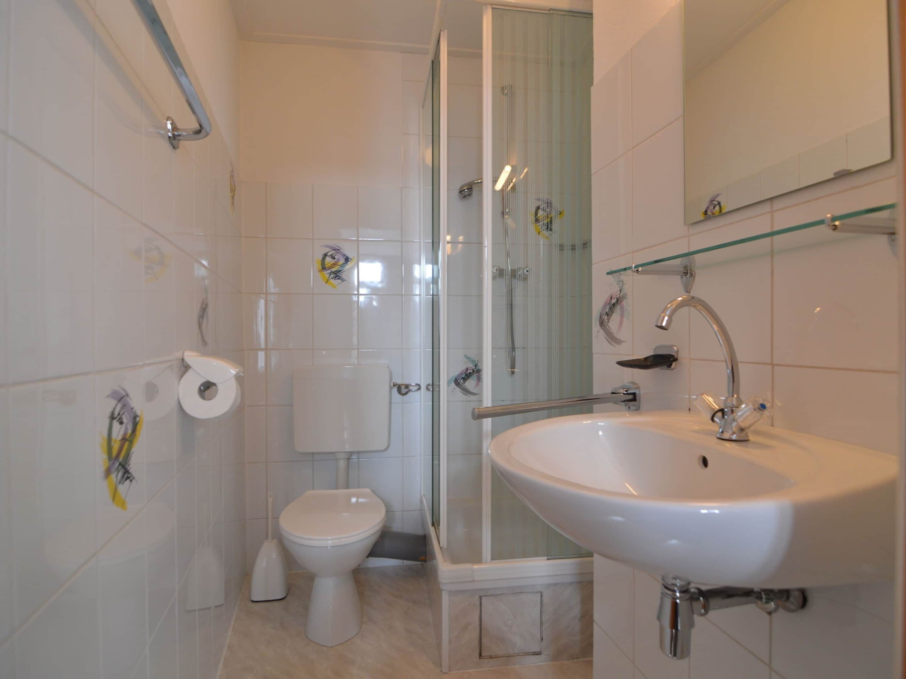 A modern bathroom with a toilet, a glass shower enclosure, and a sink with a mirror above it.