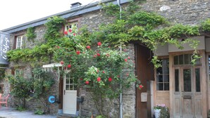 Ein Steinhaus mit Holztür und -fenstern, bewachsen mit Grünpflanzen und roten Blüten.