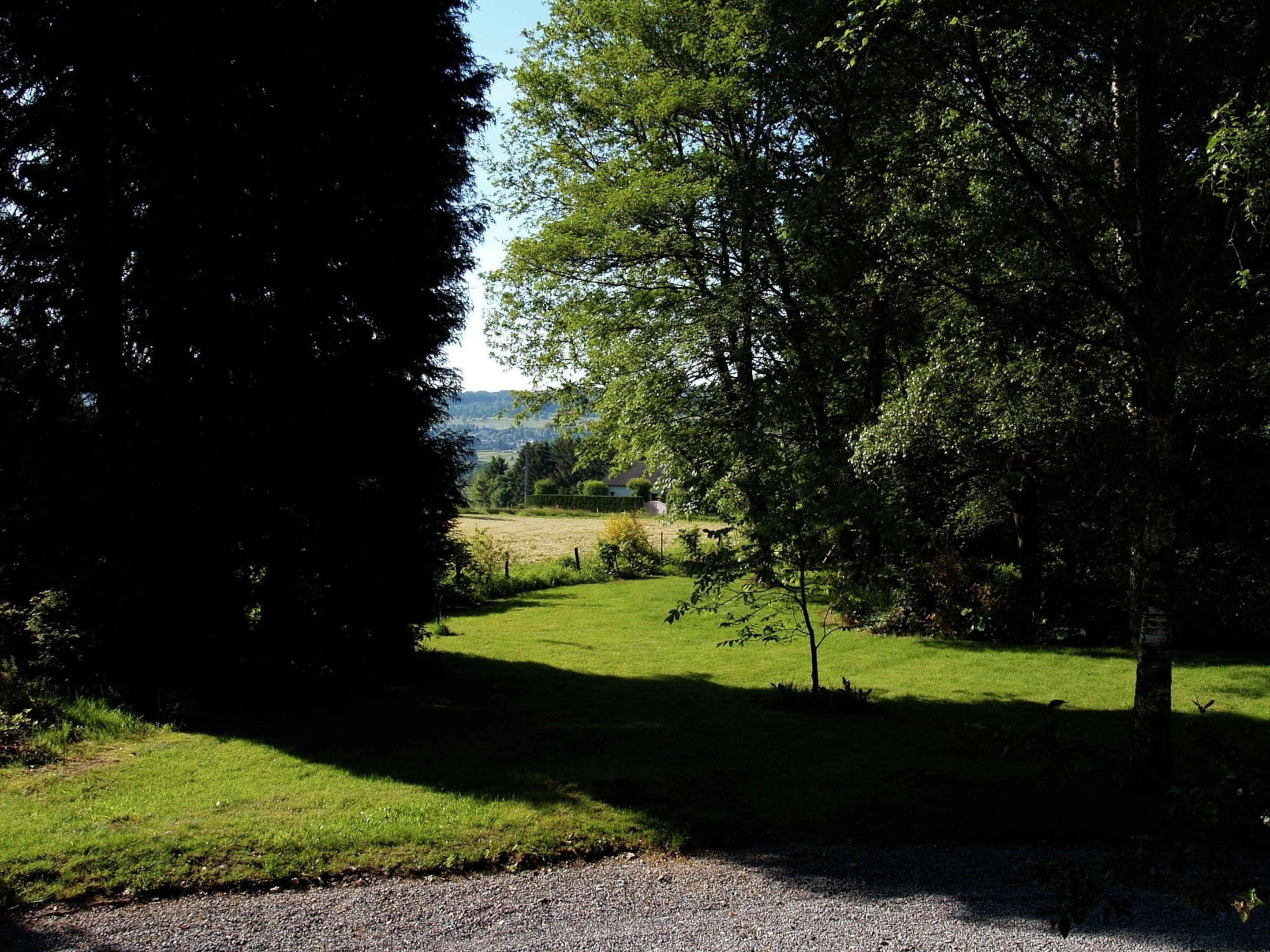 Un paysage rural avec un chemin de gravier qui traverse un champ d’herbe, entouré d’arbres et offrant une vue lointaine sur des maisons.