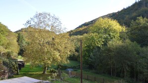 Un paysage rural avec une zone délimitée par une clôture, un grand arbre et un bâtiment doté d’un toit en métal.