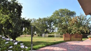 A paved pathway leading to a wooden gate, surrounded by lush greenery and flowering plants.