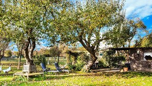 A park with trees, a gazebo, and a small building. - Ferienhaus in Thorstorf mit Garten (Warnow)