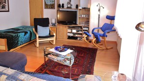 Un salon chaleureux avec un téléviseur, des meubles en bois, une bibliothèque et un tapis à motifs.