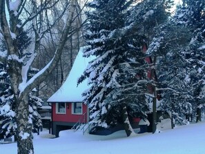 A snow-covered residential area with a red house, a bench, and a tree. - House in Bohemian Near Ski Slope (Blatno)