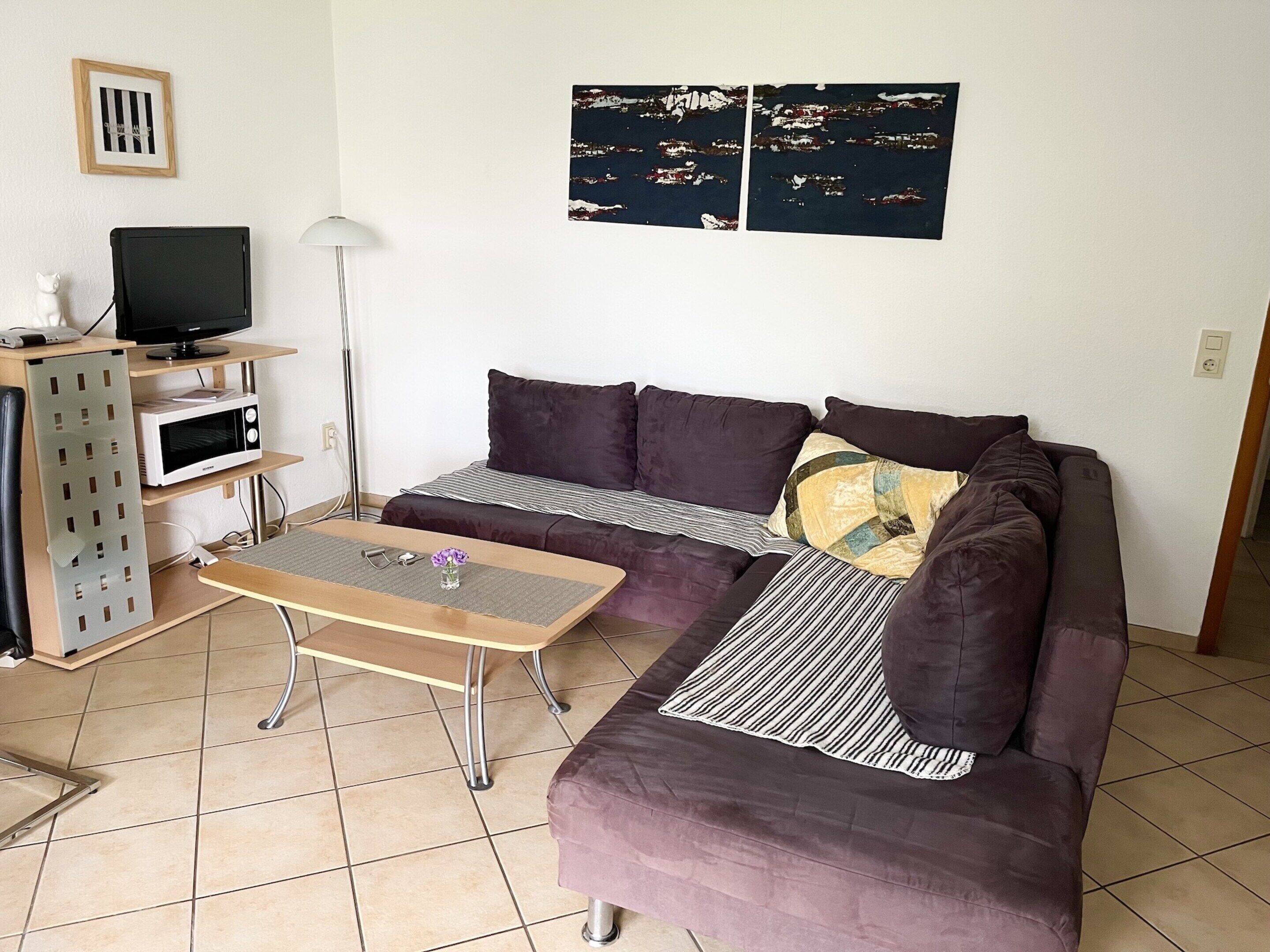 Una sala de estar con sofá, una mesita, televisor y microondas.