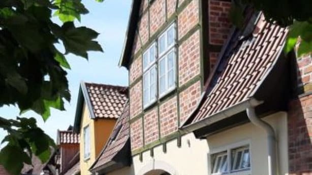 Una strada acciottolata fiancheggiata da edifici in stile europeo tradizionale, con facciate in mattoni e struttura in legno.