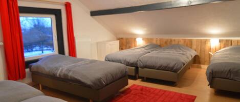 A bedroom with two beds, a red rug, and a window with curtains.