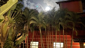 A nighttime view of a building with a red facade, surrounded by palm trees and banana plants. - Bacana Hotel Boutique (Búzios)
