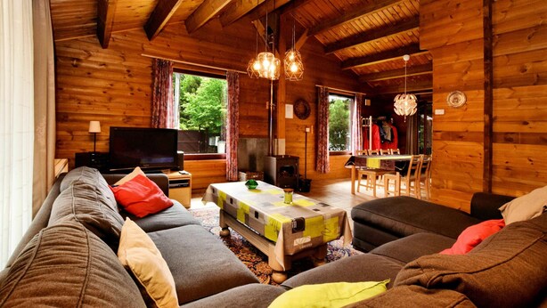 En hyggelig hyttekabine med træpaneler, en sofa, et fjernsyn og et spiseområde.