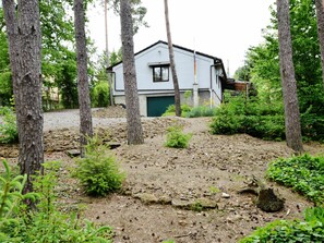 A house surrounded by trees and a gravel driveway.