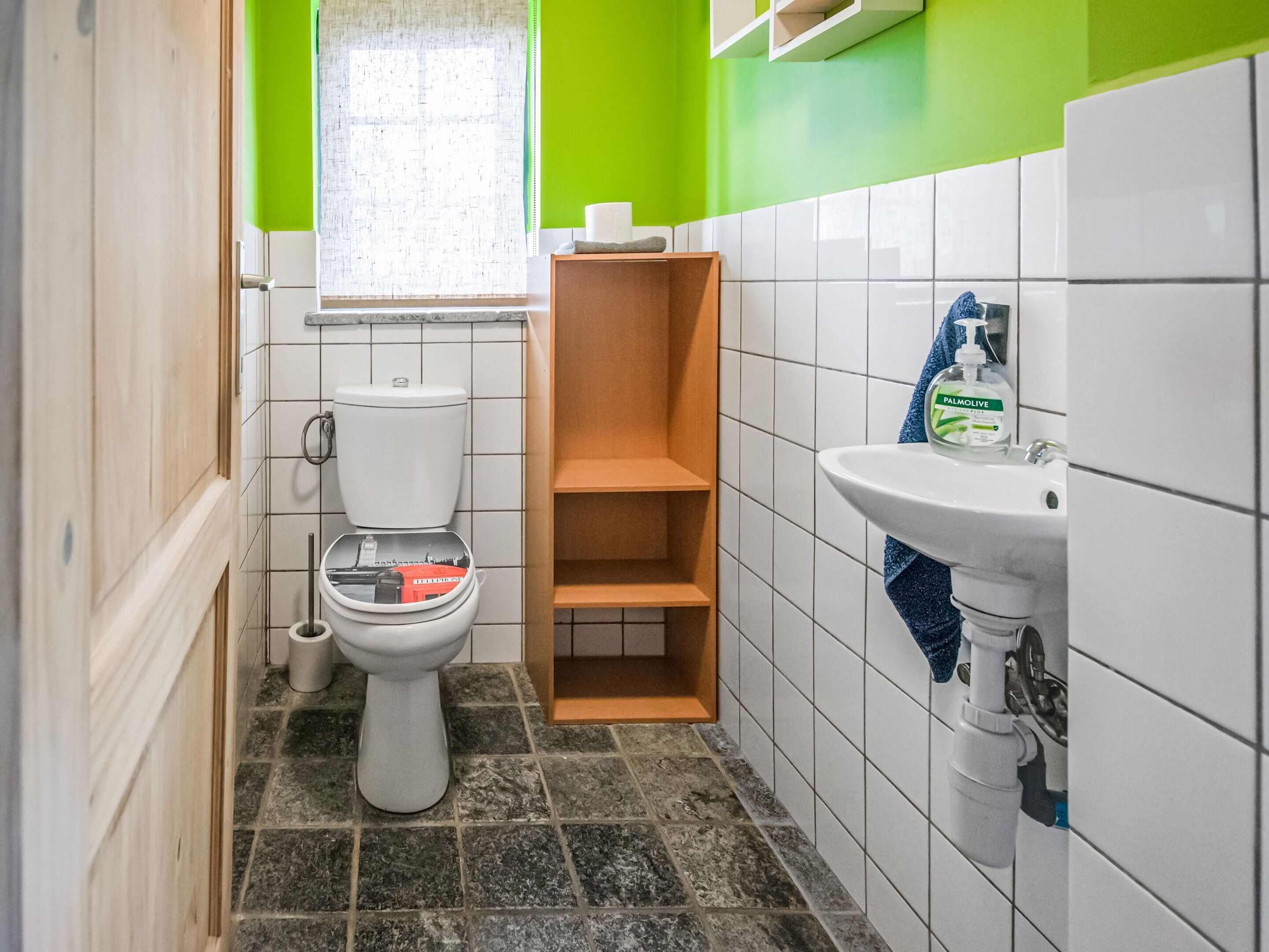 Un bagno con un WC, un lavandino e uno scaffale.