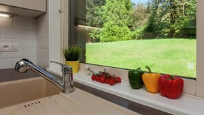 Una cocina con ventana, un fregadero y una planta en maceta.