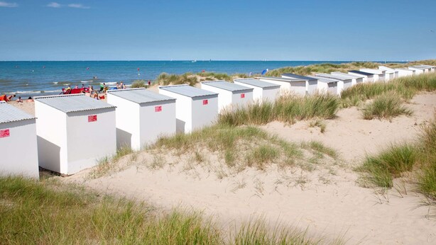 A row of white beach huts with flat roofs, arranged along a sandy beach with dunes in the background. - Charming Villa With Indoor Swimming Pool, Near the Beach and Town Centre (Koksijde)