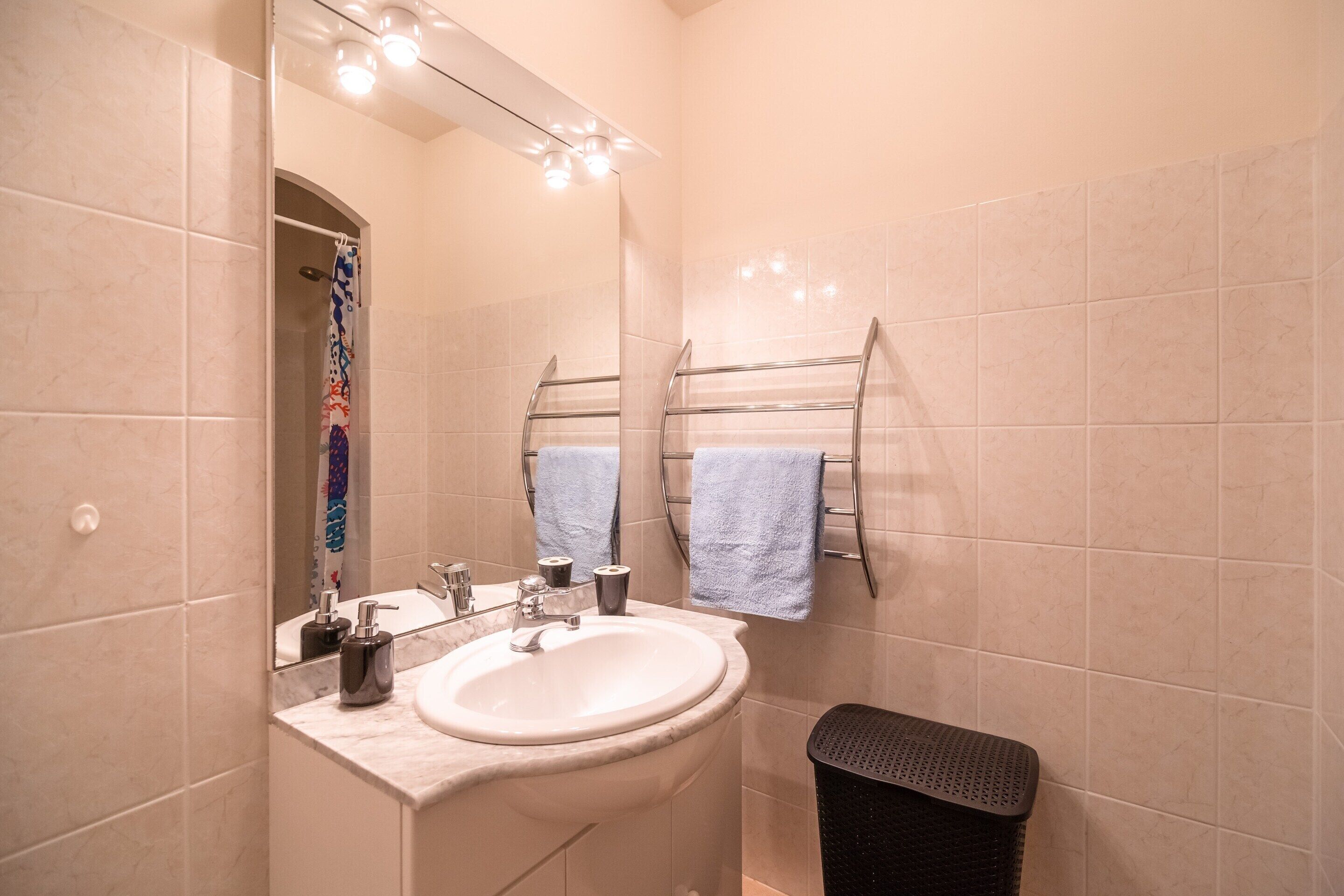A bathroom with a sink, mirror, towel rack, and a trash bin.
