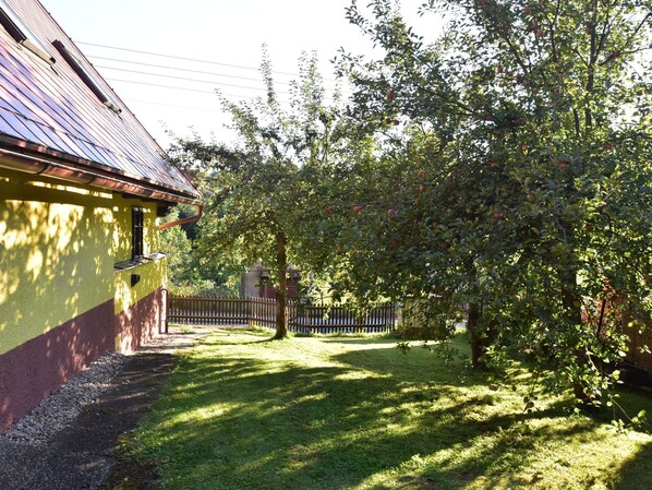 Un patio con un edificio amarillo, un árbol con manzanas rojas y una valla de madera.