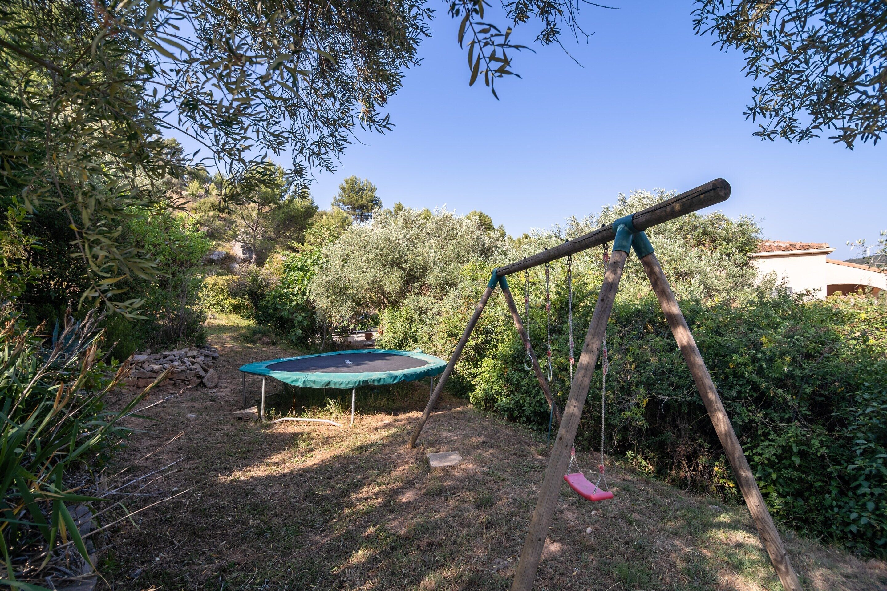 A backyard with a trampoline, a swing set, and dense foliage.