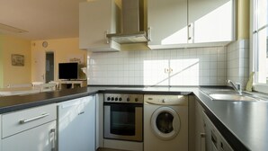 A compact kitchen with a Bosch dishwasher, oven, and washing machine.
