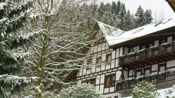 A traditional chalet with a steep roof, wooden balconies, and snow-covered surroundings. - Charming Apartment With Balcony, Garden, BBQ, Parking, Heating (Schmallenberg)