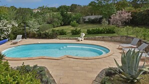 A swimming pool with a curved edge, surrounded by a brick patio. There are lounge chairs and a cactus plant. - Villa in Malves Near Carcassonne Pool (Malves-en-Minervois)