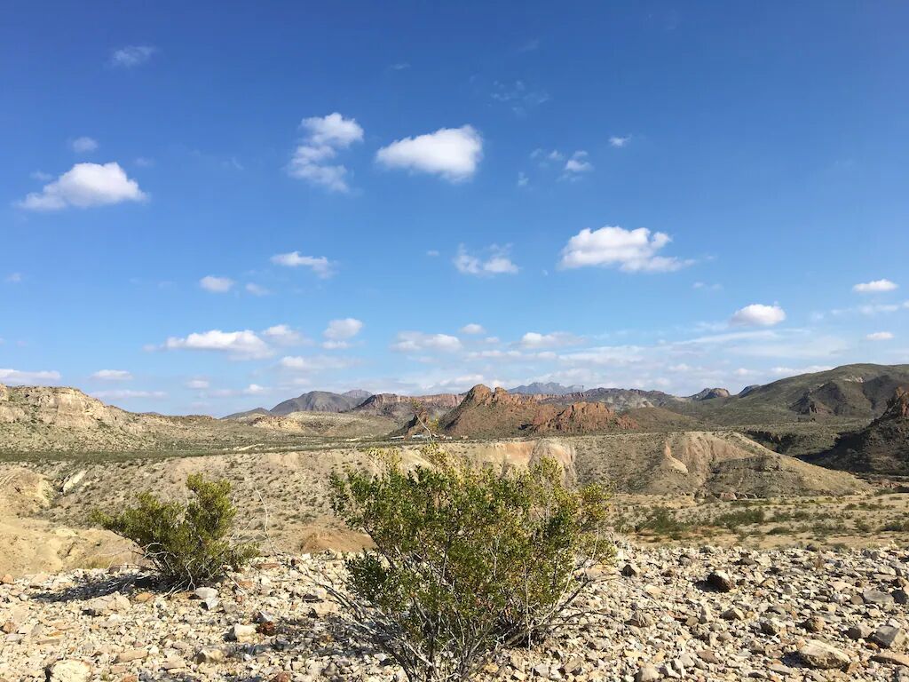 A rocky desert landscape with sparse vegetation and distant mountains under a clear sky.
