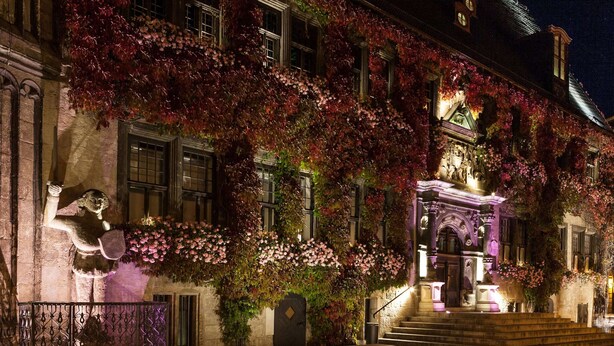 A historic building with a statue on the left, a staircase leading to a gated entrance, and a well-lit facade. - Geraumiger Aufenthalt auf Mehreren Ebenen (Thale)
