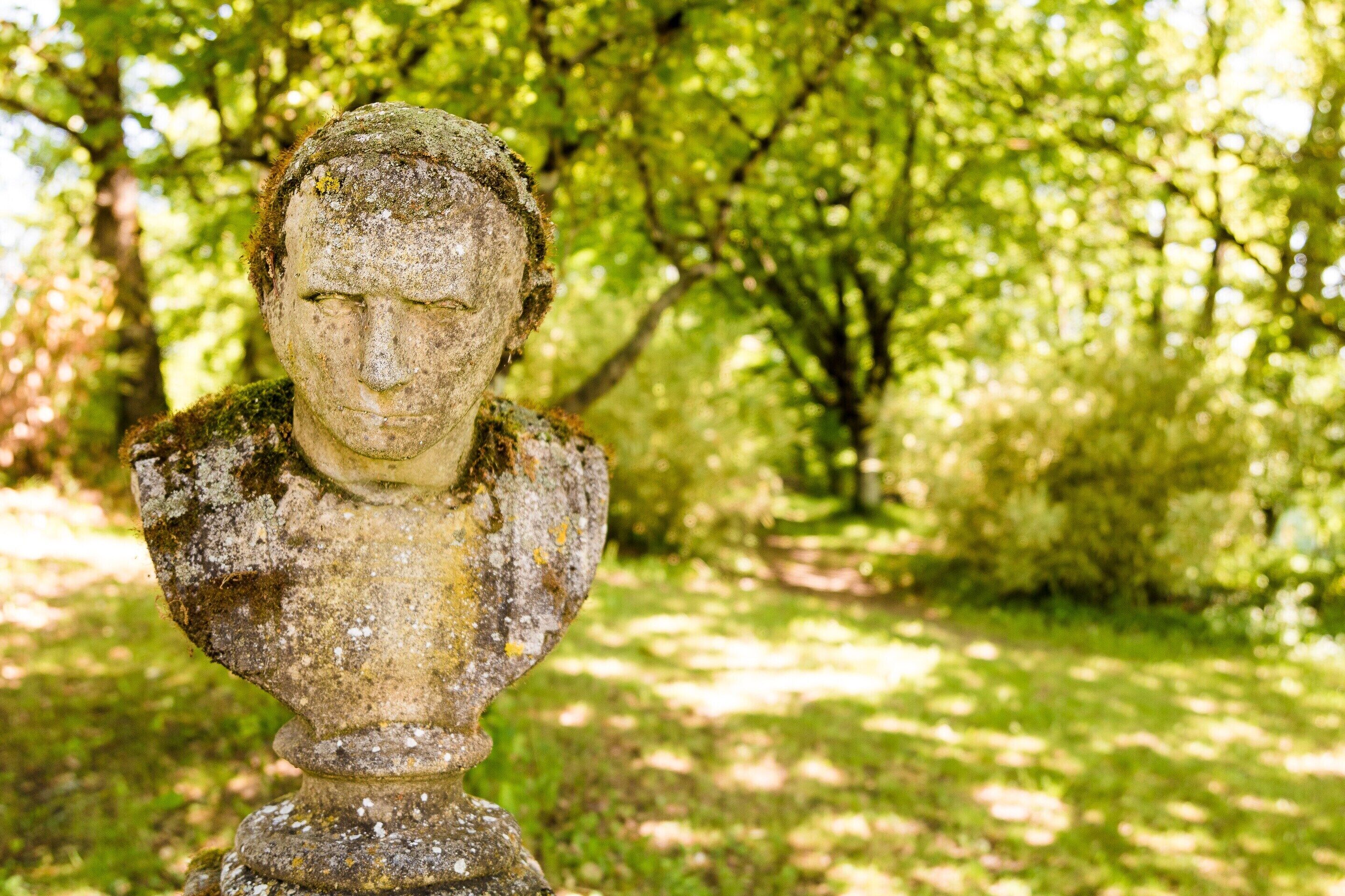 En skulptur i form av ett bystporträtt, huggen i sten, placerad i en naturlig miljö med träd och gräs.