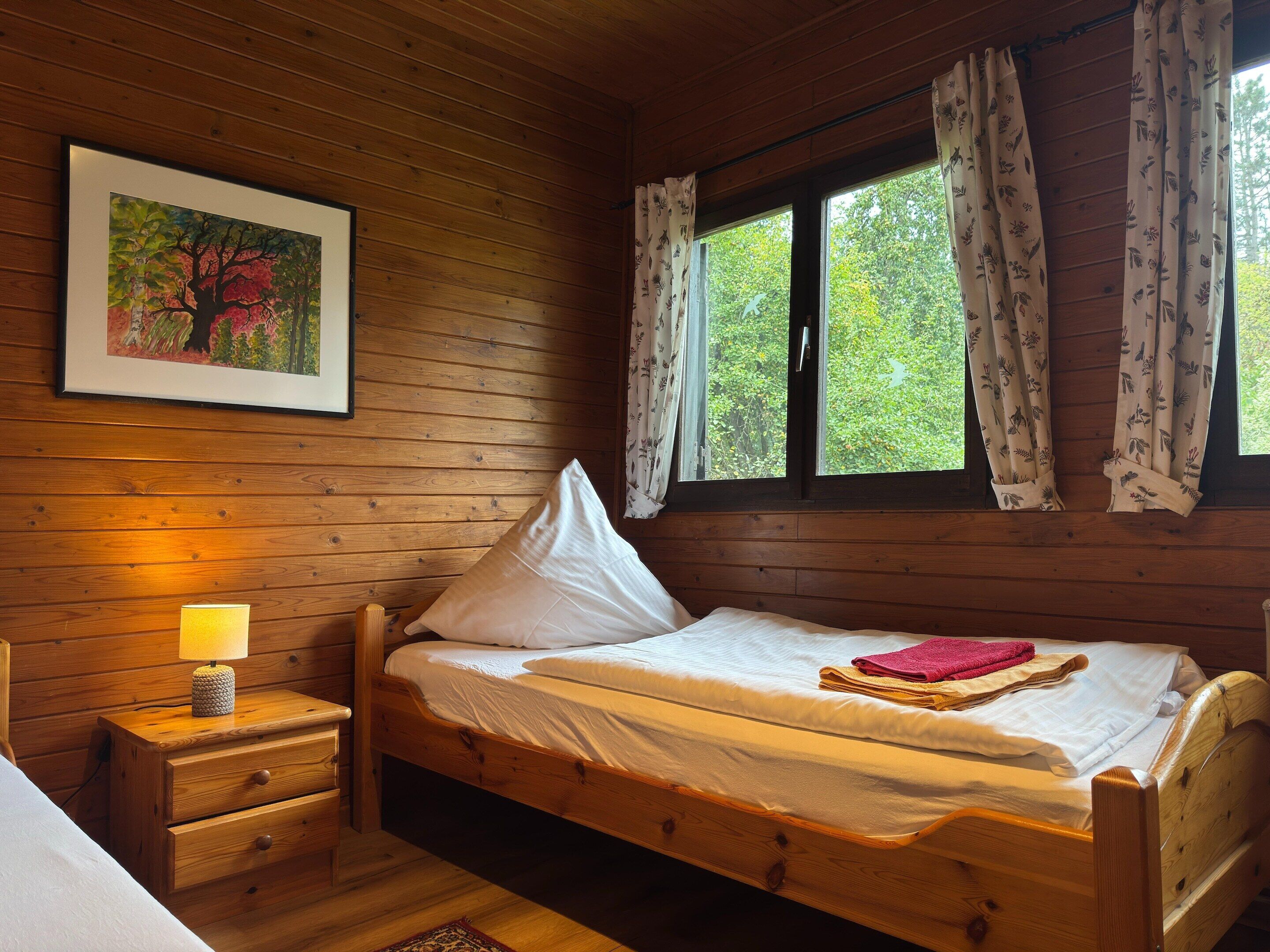 A wooden cabin room with a bed, a nightstand, a lamp, and a window with curtains.
