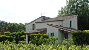 Ein zweistöckiges Haus mit Ziegeldach und grünen Fensterläden, umgeben von einem Weinberg.