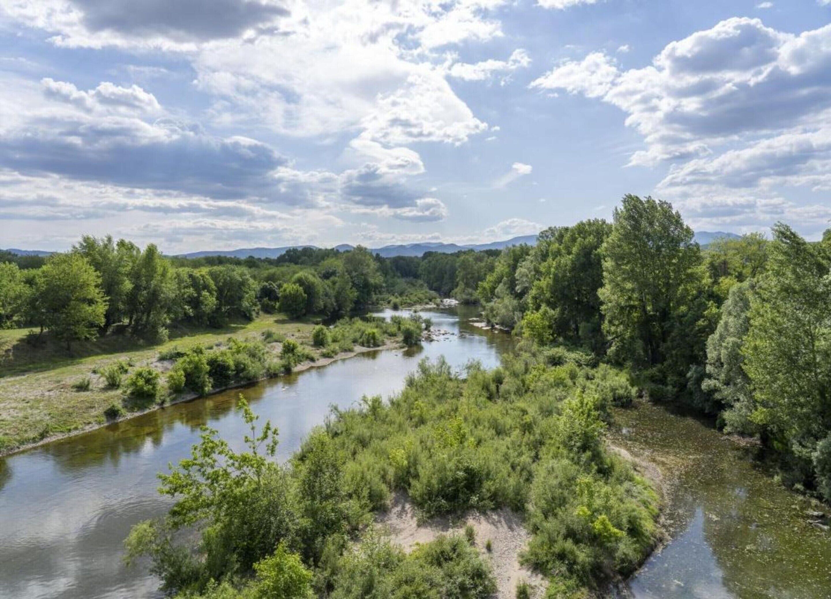 Een rivier kronkelt door een dichtbegroeid gebied, met een heldere lucht erboven.