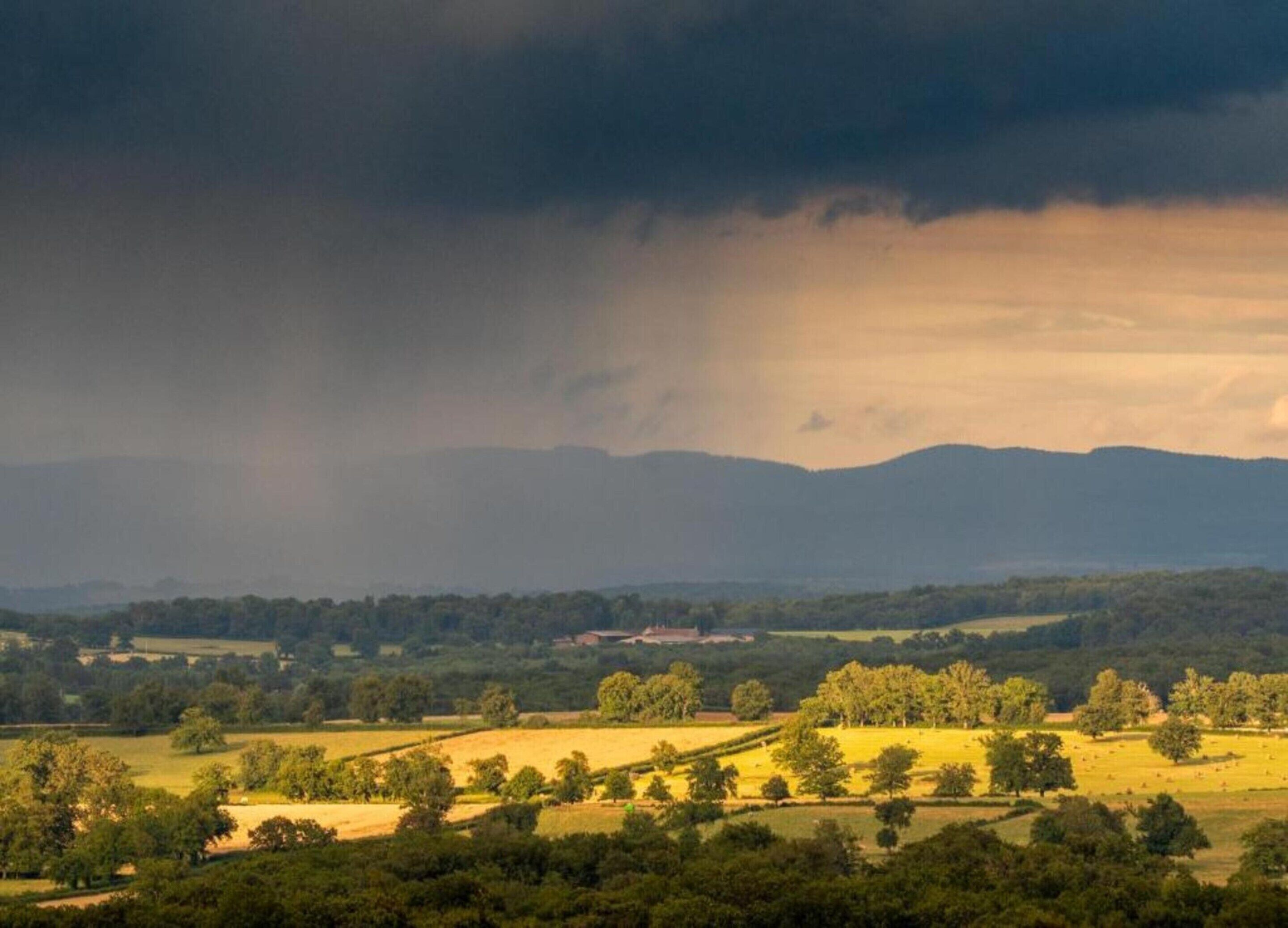 Ländliche Landschaft mit Feldern, Bäumen und fernen Bergen unter bewölktem Himmel.